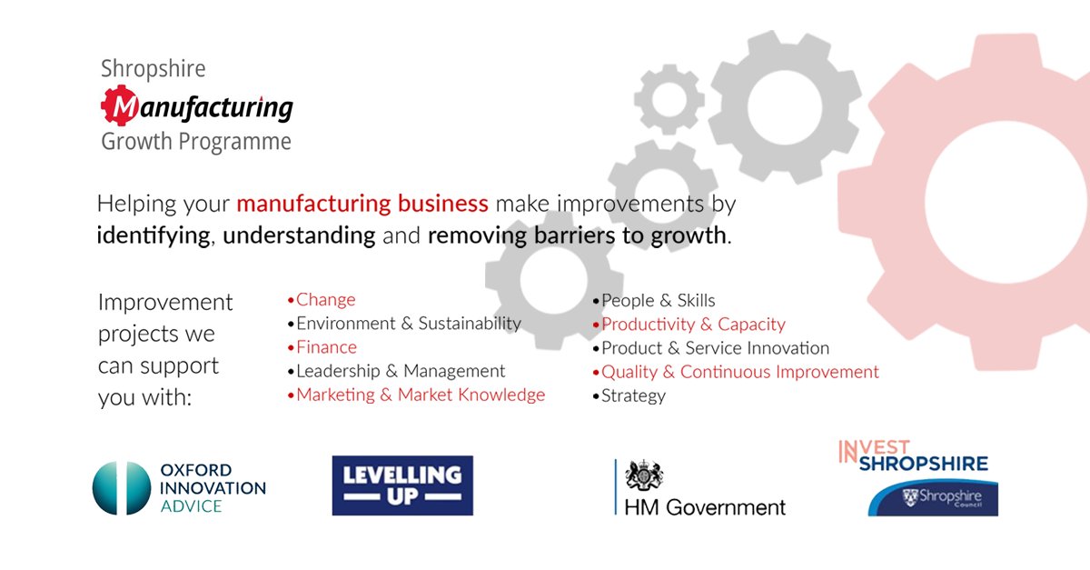 The <a href="/Shropshire/">Shropshire</a> Manufacturing Growth Programme offers tailored business support services to SMEs, helping them overcome growth barriers and thrive in the local ecosystem. We can support you with a wide range of improvement projects.
Get in touch 👉 shropshire-mgp.co.uk