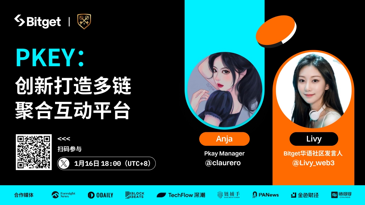 Bitget_zh's tweet photo. 来AMA与 #Bitget 聊聊#PKEY：创新打造多链，聚合互动平台！
⏰1月16 周二 18:00（UTC+8） 
🎙️主持人：@Livy_web3 
🧑‍🏫特邀嘉宾：@claurero  

✅立即订阅：https://t.co/MKFBA4RQBQ 
一键三连，抽5位瓜分50USDT 奖励 https://t.co/rAk5q5YhRF