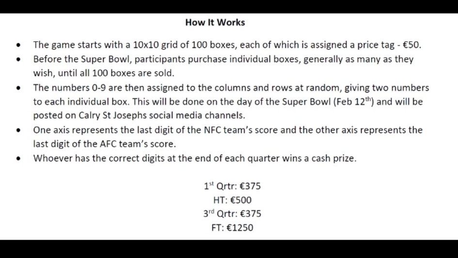 StCalry's tweet photo. Calry St Joseph's Senior Players Super Bowl Fundraiser.

All support welcome. Please DM us or contact a member of the senior football team for further details. https://t.co/Fe1G7gH7Ex