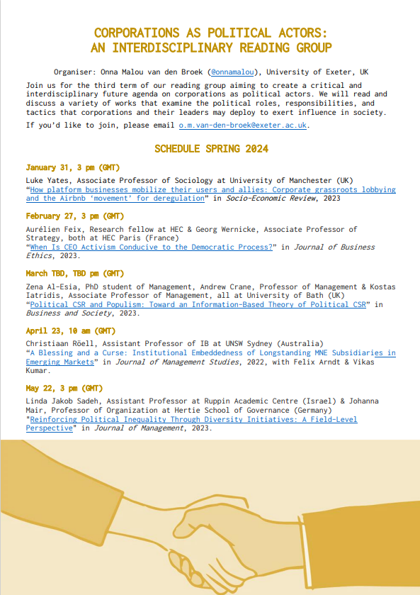 We have an amazing line-up of papers & authors for our Spring 2024 reading group on corporations as political actors ✨ Join us to discuss the topics of corporate #grassroots lobbying, #ceo activism, #populism, institutional embeddedness, and political #inequality.