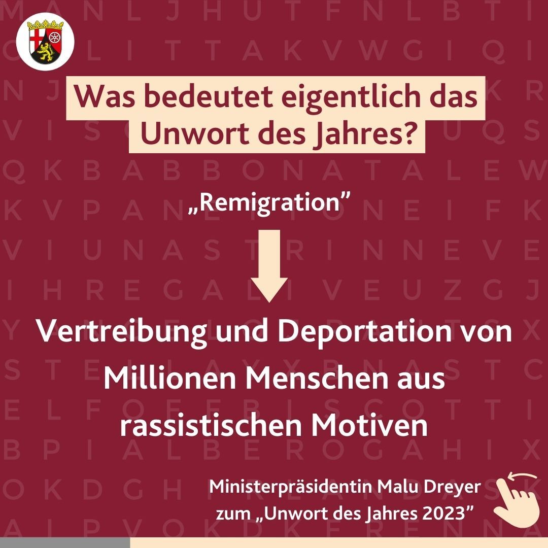 rlpNews's tweet photo. Malu #Dreyer: #Remigration verschleiert und verharmlost, was #AfD und rechtsextreme Verfassungsfeinde planen: Vertreibung und Deportation von Millionen Menschen aus rassistischen Motiven. So verschieben sie Grenze weiter nach rechts und radikalisieren Diskurs.
#UnwortdesJahres https://t.co/GKMWw3u94v