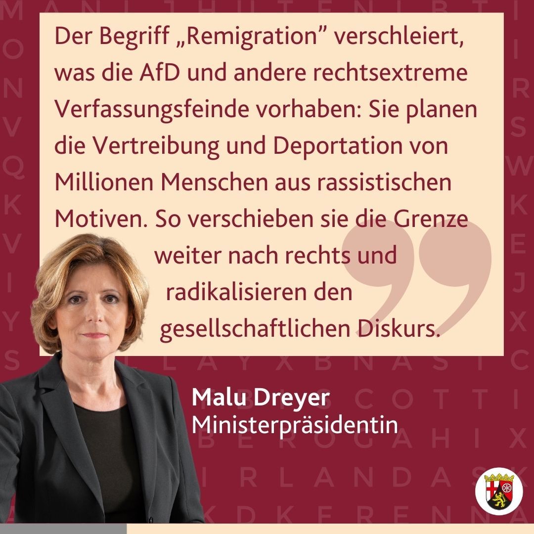 Malu #Dreyer: #Remigration verschleiert und verharmlost, was #AfD und rechtsextreme Verfassungsfeinde planen: Vertreibung und Deportation von Millionen Menschen aus rassistischen Motiven. So verschieben sie Grenze weiter nach rechts und radikalisieren Diskurs.
#UnwortdesJahres