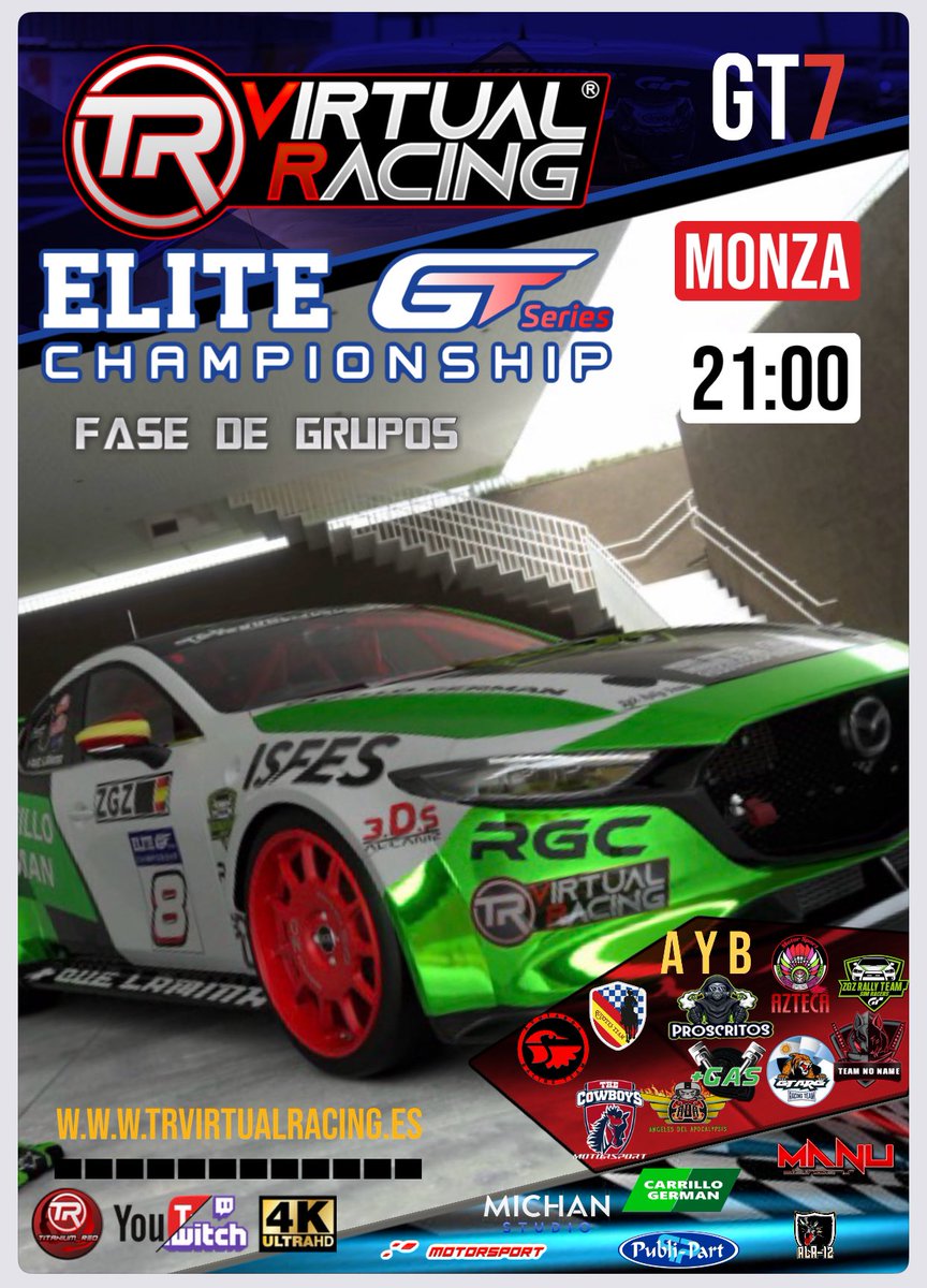 Esta noche comenzamos las <a href="/EliteGTSeries/">EliteGTSeriesChampionship</a>  2024 con 10 equipazos grupos A y B <a href="/AvutardaTeam/">Avutarda eSports</a> <a href="/QIntegra2/">QuijotesTeam Integra2</a> <a href="/ZGZRallyTeam/">ZGZ RALLY TEAM Simracers</a> @TEAM_AZTECA_ <a href="/ProscritosTeam/">Proscritos Simracing Team</a> <a href="/rr_malejo0407/">GTARG_M.Giordani</a> <a href="/Thecowboysmotor/">ElCountry Sheriff de The Cowboys Motorspor</a>  a tope. Desde las 21:00 en el canal 📺 acción en cabina 
🎙️
twitch.tv/titanium__red