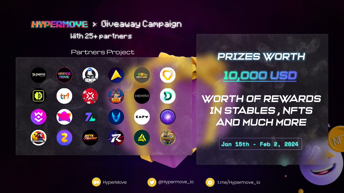 🚀 Exciting news, Community! 🎉

To celebrate our partnership with phenomenal projects, we're gearing up for a Mega Campaign Giveaway with a massive prize pool of $10000 USD worth of stables, NFTs, and more! 🌟

🎁 Your golden chance to win big is here!

We've categorised our
