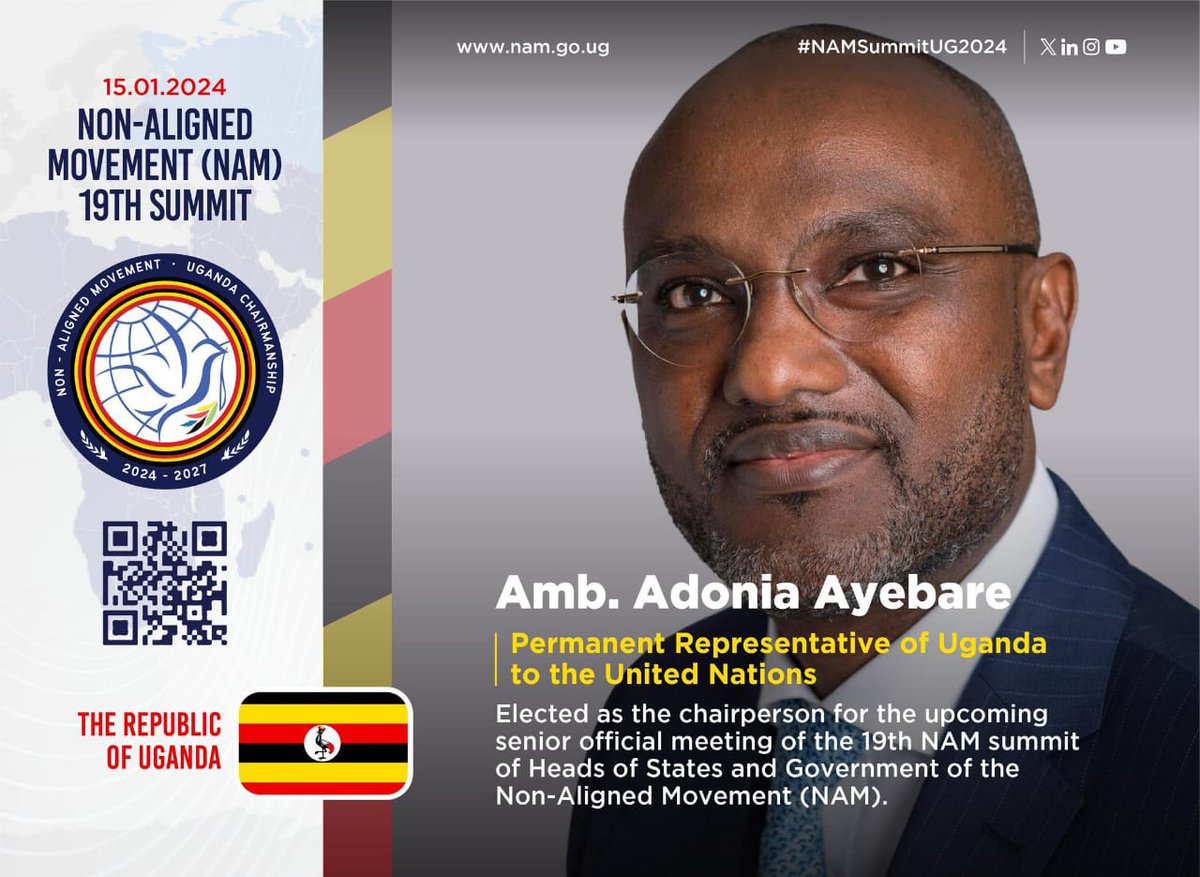 Congratulations Ambassador @adoniaayebare upon your election as Chairperson for upcoming senior official meeting of the 19th NAM Summit of Heads of States and Government of the Non-Aligned Summit.