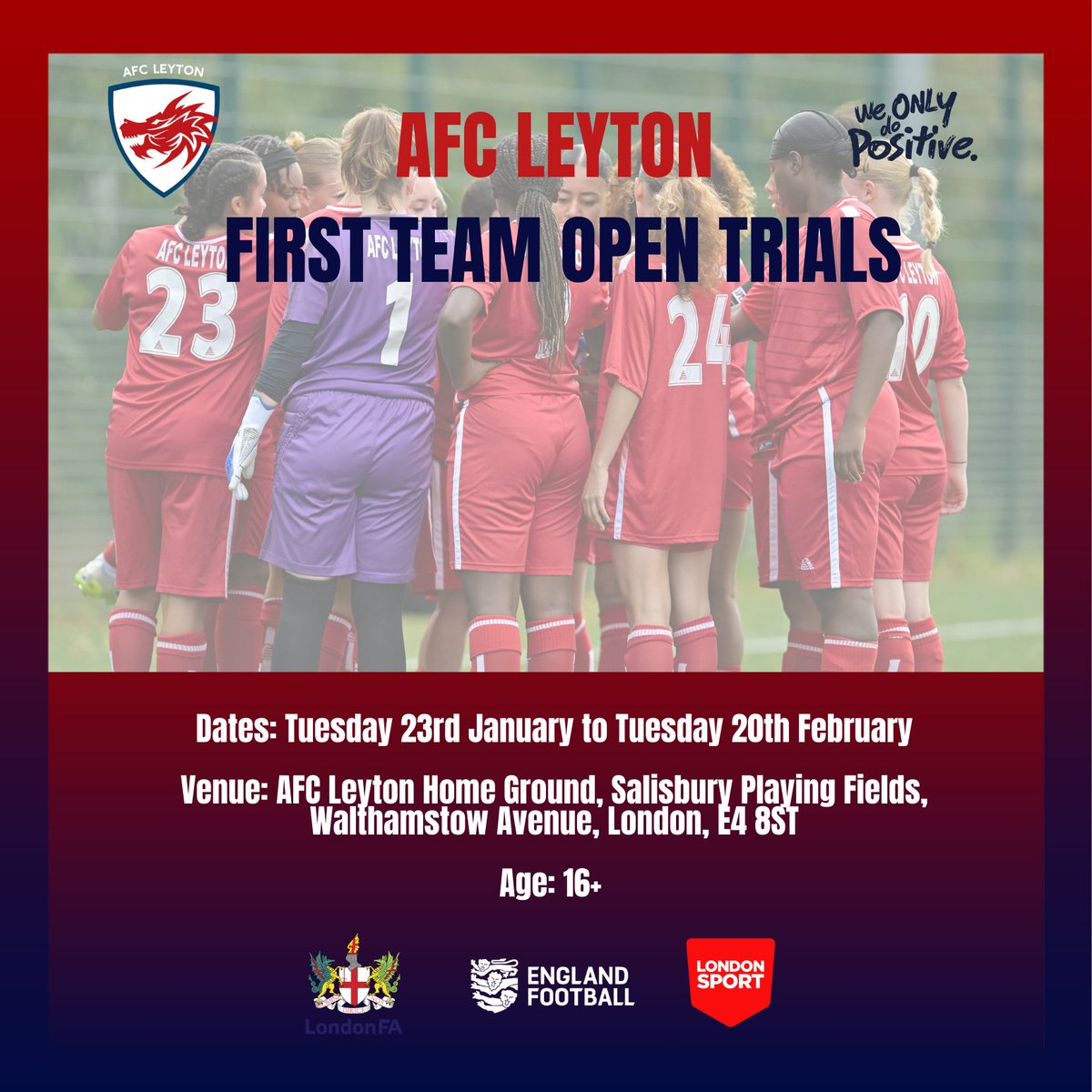 AFCLeytonWomen's tweet photo. FIRST TEAM TRIALS ⚽️ 📣

We are looking for new players to help grow and evolve our First Team. 📈

Open trials are running for the next 6 weeks. The session will be running from 8-930pm at our home ground, on astroturf. 16+ 

If interested, please get in touch by DM 📥 https://t.co/DnKQuFztpz