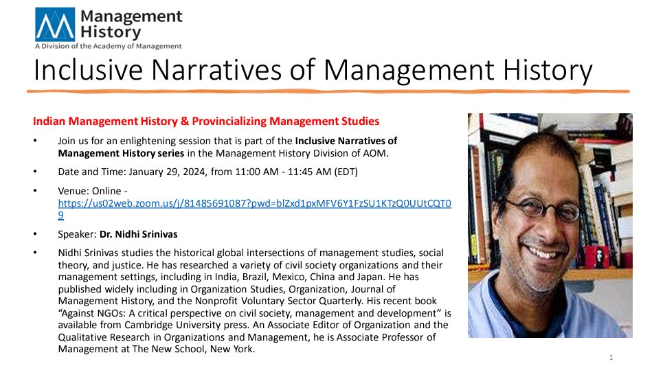 Tune into the <a href="/mh_aom/">AoM MH Division</a>'s webinar on 29 January titled Indian Management History &amp; Provincializing Management Studies. bit.ly/3Sp44eR

This is part of their Inclusive Narratives of Management History series, watch the series here on YouTube: bit.ly/48w0Dby