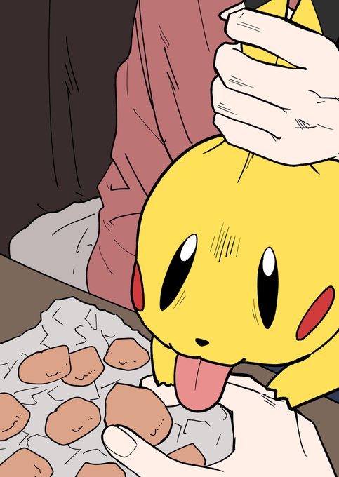 焼き立てのクッキーを舐めようとして「熱いからダメ!」とホールドされたぴかちゅう 