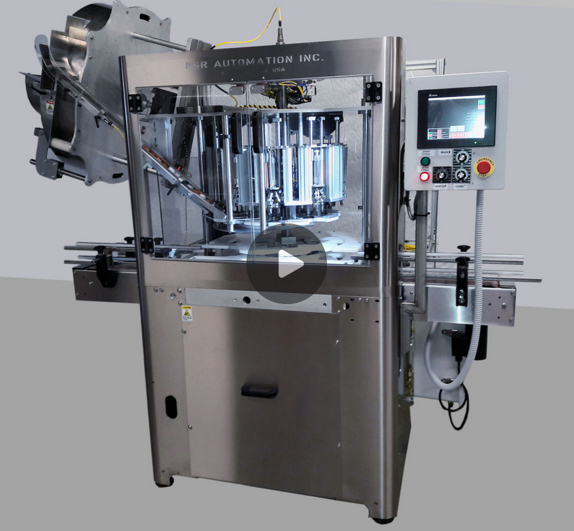 AutomationPsr's tweet photo. The PSR Automation Inc. Rotary Over Capper places over-caps onto containers at speeds up to 80 CPM.  The simple design utilizes a single bottle and cap star wheel for minimal changeparts.

Patented High speed sorter, handles a wide variety of caps. https://t.co/cqgYRpzAQD https://t.co/XCmairrgfA
