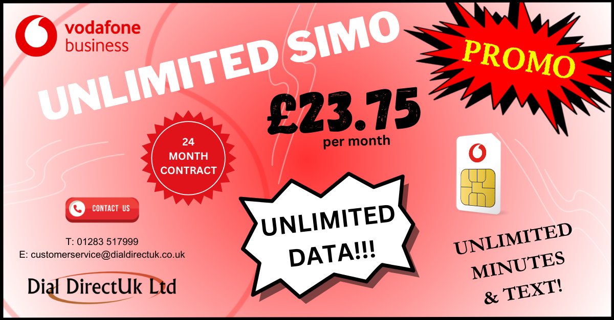 DialDirectUk's tweet image. Get unlimited data this month with Vodafone business! Contact us on 01283 517999 for more information. #promo #vodafone #simo #unlimited