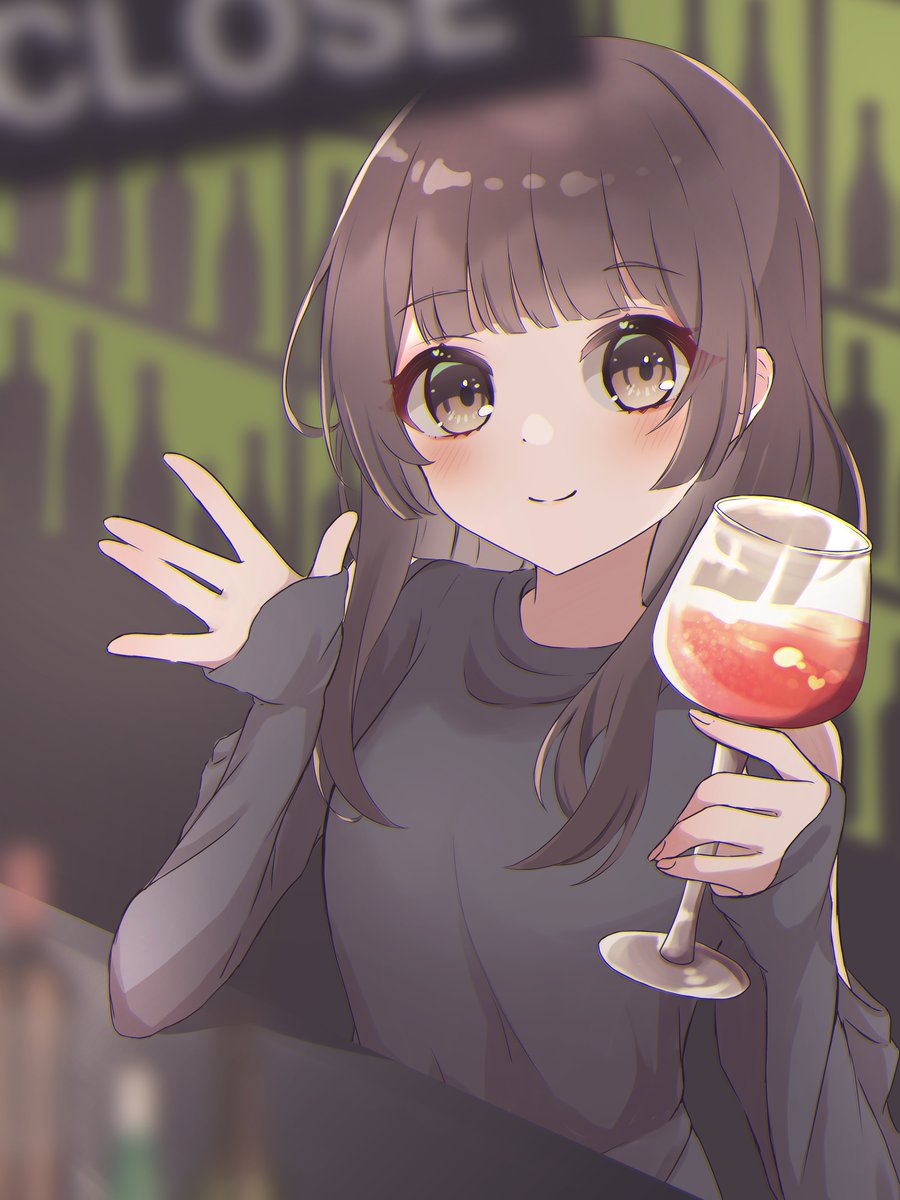 1girl drinking glass cup solo smile brown hair brown eyes  illustration images
