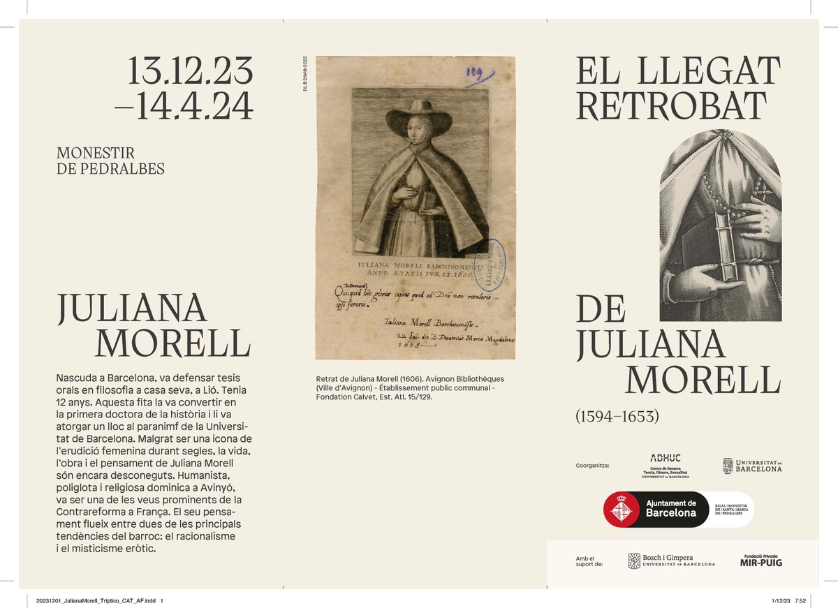 Exposició | El llegat retrobat de Juliana Morell (1594-1653), curada per @georginarabasso 

📅Del 13 desembre 2023 a 14 abril 2024
📍Monestir de Pedralbes
ℹ️bitly.ws/39PKC