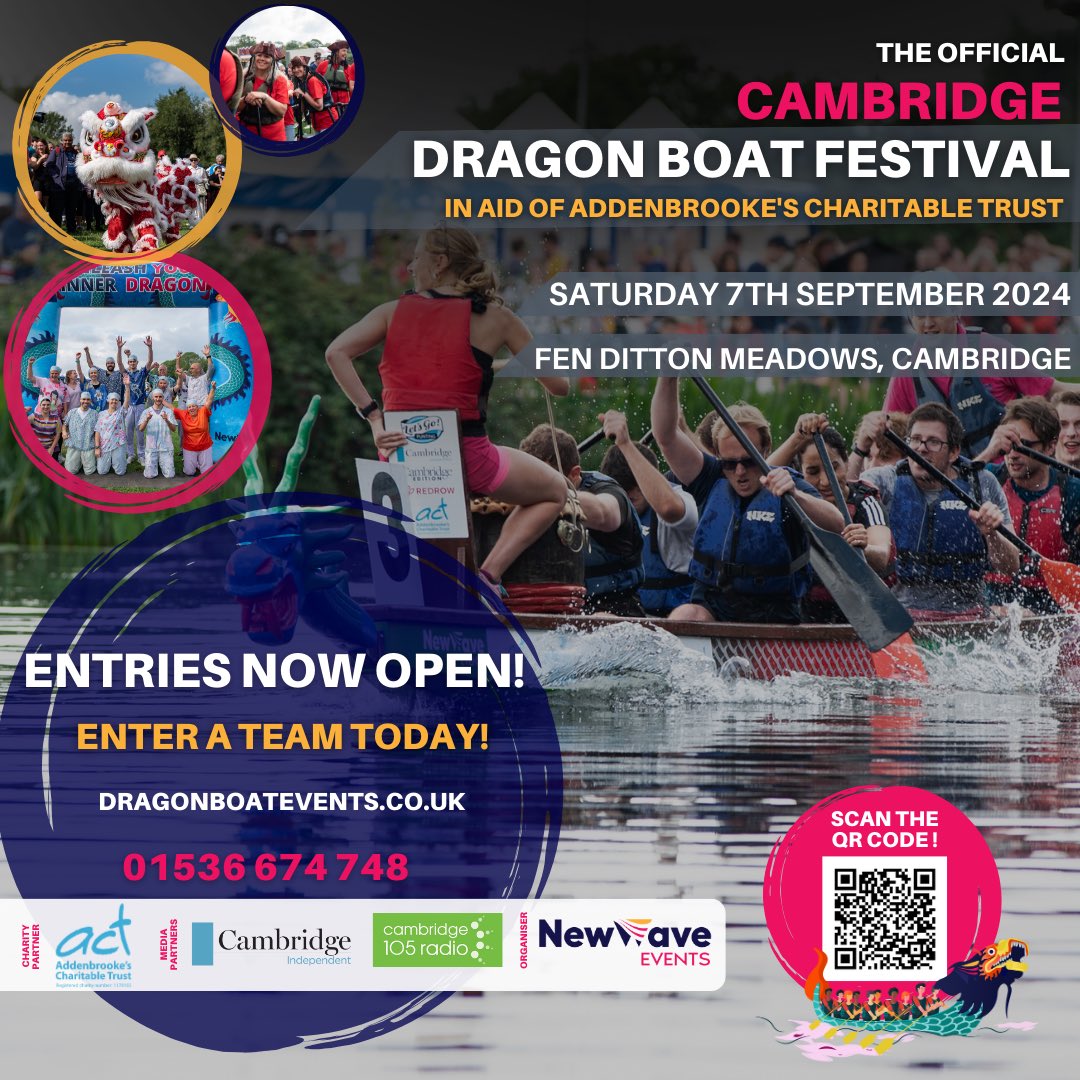 NewWave Events (@newwaveevents_) on Twitter photo Entries are now OPEN for the 2024 Cambridge Dragon Boat Festival in aid of <a href="/ACTcharity/">Addenbrooke's Charity</a> for Cambridge Cancer Research Hospital 🐲
The event will be held on Saturday 7th September at Fen Ditton Meadows!
Enter online now at dragonboatevents.co.uk or give us a call on 01536 674748 Entries are now OPEN for the 2024 Cambridge Dragon Boat Festival in aid of <a href="/ACTcharity/">Addenbrooke's Charity</a> for Cambridge Cancer Research Hospital 🐲
The event will be held on Saturday 7th September at Fen Ditton Meadows!
Enter online now at dragonboatevents.co.uk or give us a call on 01536 674748