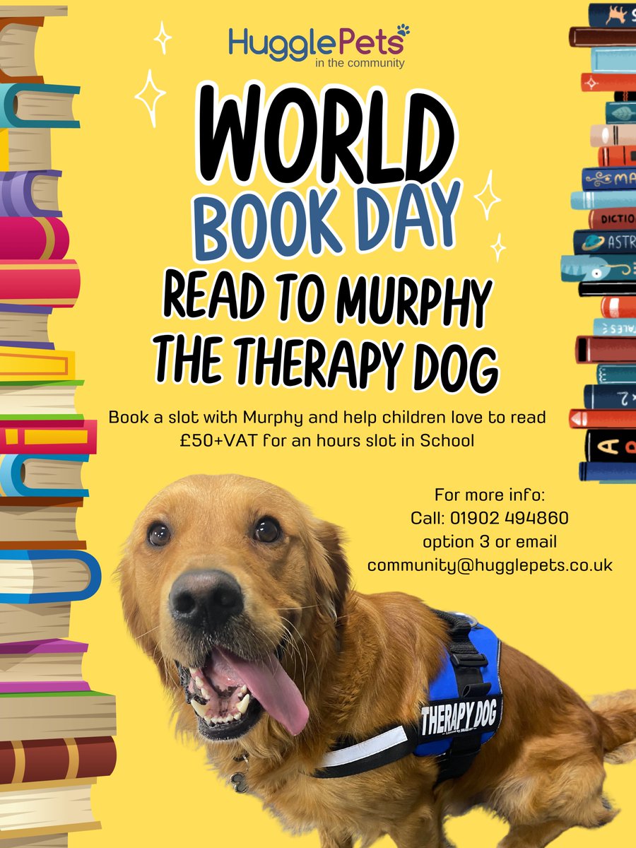 This #WorldBookDay, why not do something special and invite Murphy the Therapy Dog in to School to listen to your favourite books, he loves a cuddle & listening to a story. Each booking is for 1hr. Contact Hannah to find out more info, bookings to be made by the 19th Feb.