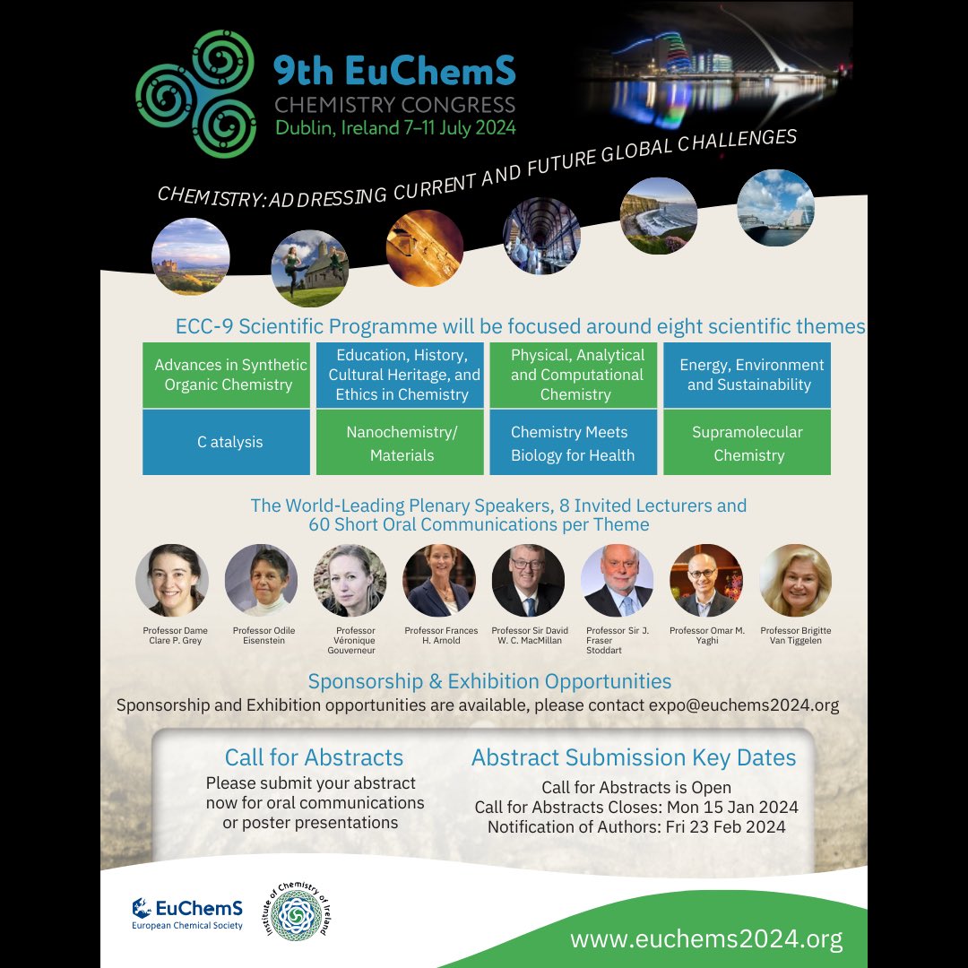 Come and visit Dublin this summer!!! The 9th EuChemS Congress will be held here on the 7-11th of July, hosted by the ⁦@irishchemistry⁩. ⁦@EuChemS_Congres⁩ deadline for submitting abstracts for oral presentations is today!!!