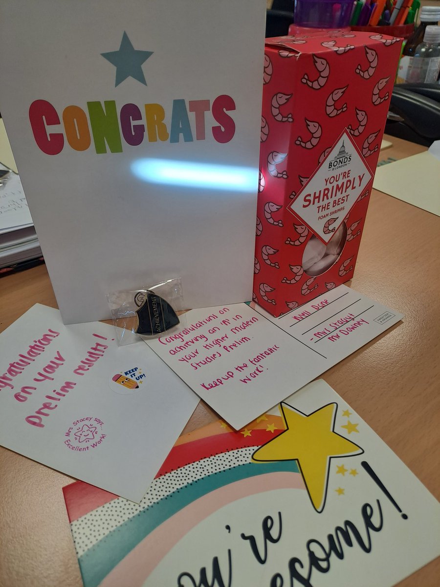 Celebrating prelim success today in Modern Studies. 2 wonderful candidates achieving 100% being celebrated along with an A result in our Higher Class. Certificates, cards, sweets, badges, praise postcards are more going out this morning! @allsaintsrcsec @amandamadden182