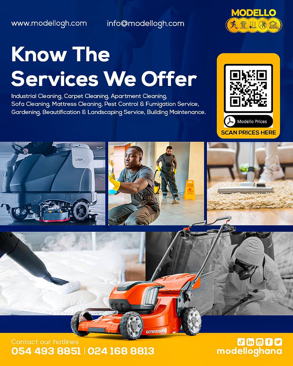 modelloghana's tweet photo. Transforming spaces with precision and care – Modello, your one-stop Cleaning Solution, Pest Control, Gardening, Beautification, Landscaping, and Building Maintenance services.

Reach out to us promptly at 
☎️0241688813 or 0544938851.

#BuildingCleaning  #CleaningGhana  #Clean https://t.co/boRJynSdE2