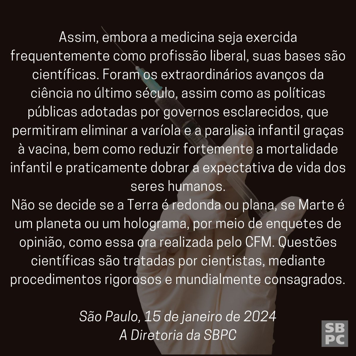 SBPC repudia negacionismo favorecido pelo CFM:
“Lembramos que ciência não é matéria de opinião. Protocolos de prevenção e de tratamento de doenças são desenvolvidos a partir de pesquisas, do laboratório aos seres humanos”, escreve a entidade em nota publicada nesta segunda-feira.