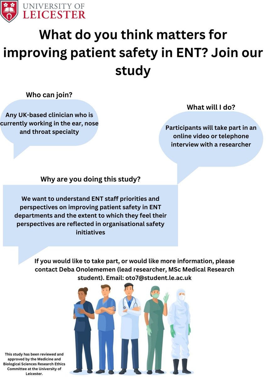Are you (or do you know) a UK-based ENT clinician with views on #patientsafety priorities in your speciality? Yes? Please consider participating in this interview study to share your views 👇
