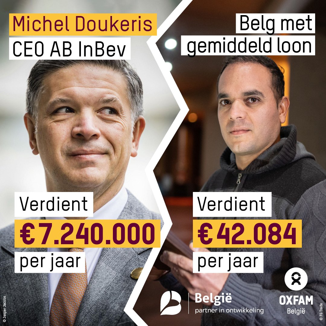 Ter illustratie: het zou meer dan 170 jaar duren voor een Belg met het mediaanloon, om het jaarsalaris van de CEO van AB Inbev te verdienen.

Voor ons mag er gerust een maximum komen op de salarissen van CEO's. 
Mee eens? Teken onze petitie: ✍️ oxfambelgie.be/economische-on… (2/3)