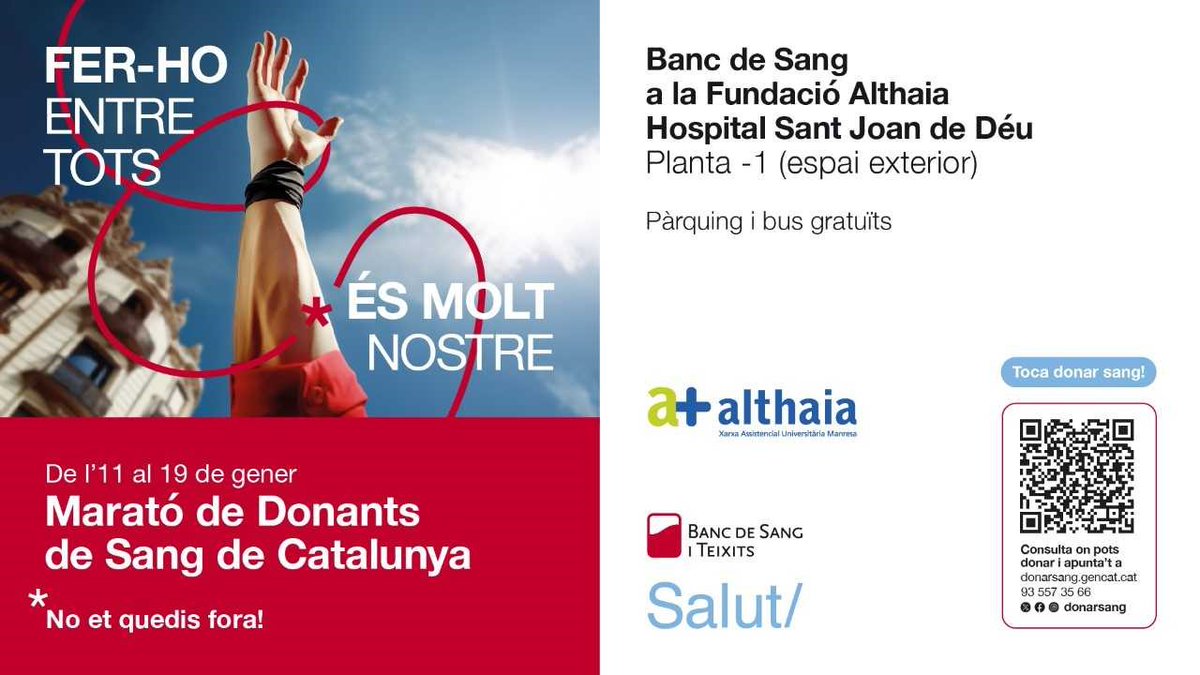 Fundació Althaia (@althaiamanresa) on Twitter photo 🩸 La #Maratodonantscat té per objectiu aconseguir 10.000 donacions en una setmana a tot Catalunya .
De l'11 al 19 de gener, vine a <a href="/donarsang/">Banc de Sang</a> i participa en aquest repte solidari que ajuda a salvar vides!
donarsang.gencat.cat/ca/ 🩸 La #Maratodonantscat té per objectiu aconseguir 10.000 donacions en una setmana a tot Catalunya .
De l'11 al 19 de gener, vine a <a href="/donarsang/">Banc de Sang</a> i participa en aquest repte solidari que ajuda a salvar vides!
donarsang.gencat.cat/ca/