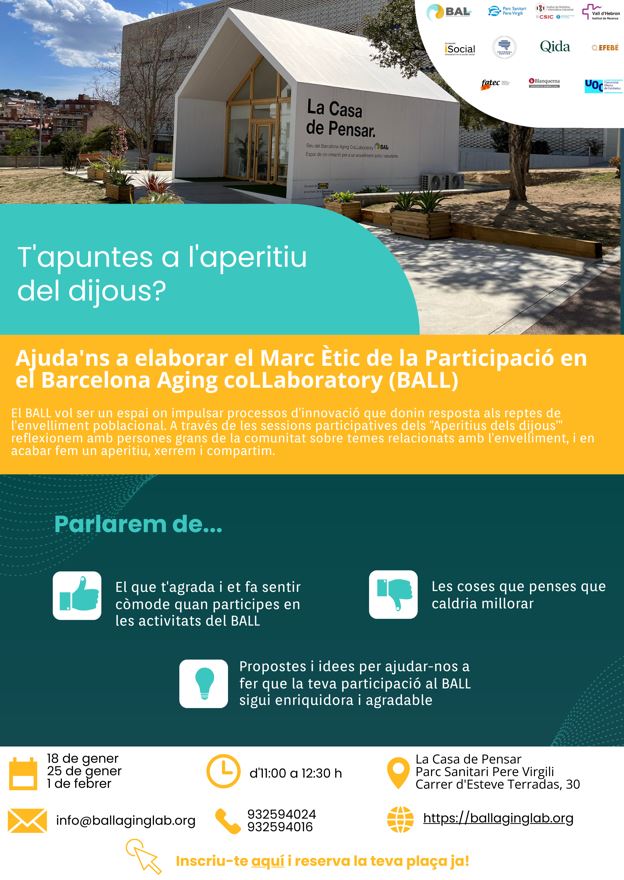 Des del BALL estem elaborant un Marc Ètic, un document guia per a la implicació i participació de les persones grans, des d'una mirada inclusiva, justa i empoderadora. 
Tens més de 65 anys i hi vols participar? T’estem esperant!
Apunta't aquí: xarxaconsultors.typeform.com/aperitiusBAll

Més info ⬇️