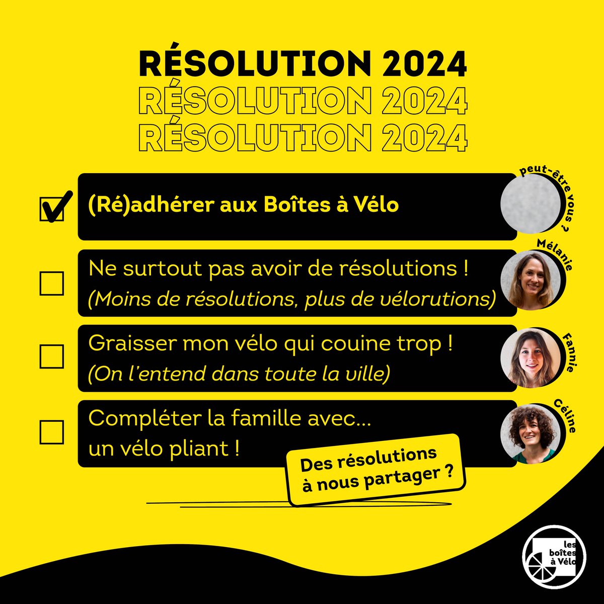 Qui dit nouvelle année dit bonnes résolutions ! Alors on commence avec… une (ré)adhésion à l’association ? 😉 On en a profité pour sonder l’équipe sur les intentions de chacun.e pour 2024… Et vous, des résolutions à nous partager ?