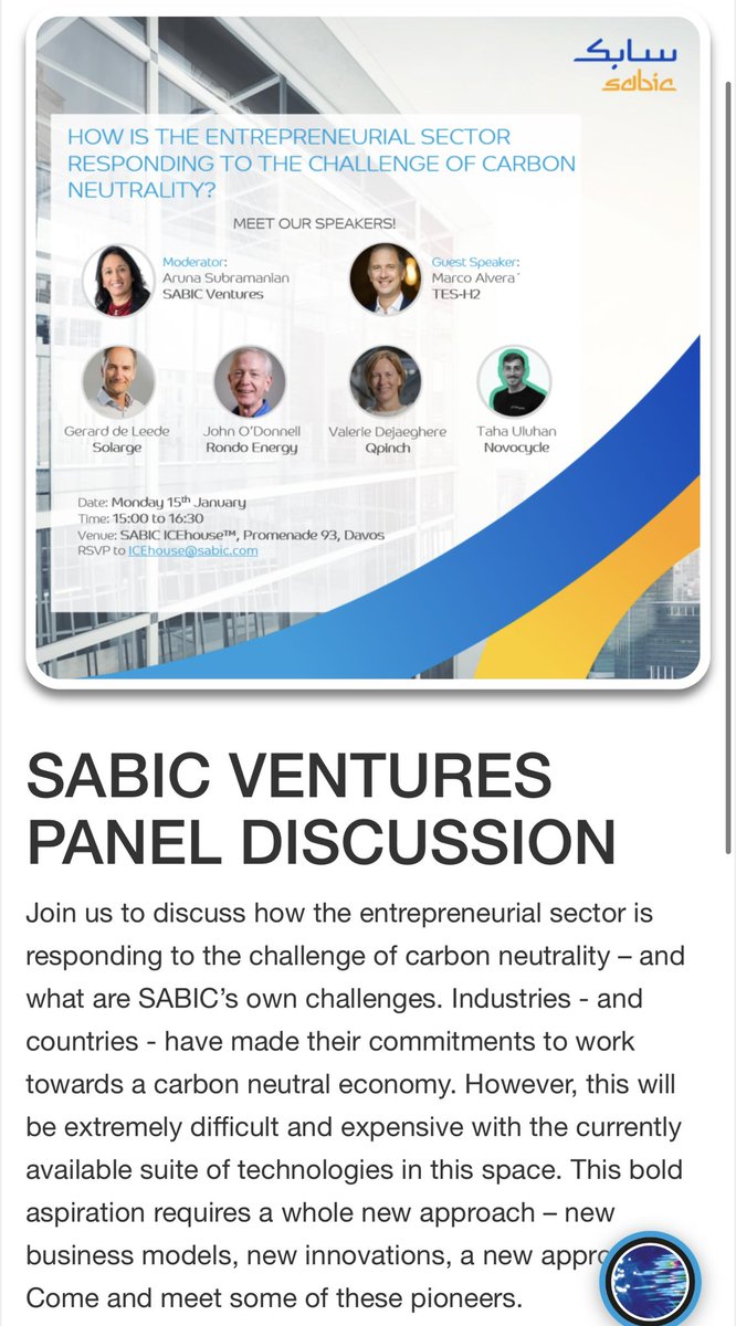 SABIC VENTURES PANEL DISCUSSION @ The SABIC ICEhouse (Promenade 93, Davos). MONDAY, JANUARY 15th from 3:00-4:30pm. Registration link hubculture.com/hubs/12/events… We hope to see you there!