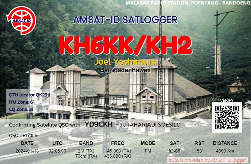 Jutahariadi's tweet photo. Got long distance QSO at my LOS position via IO-86 Satellite. I'm using 4v7u portable cross yagi antenna with 10 watt power, TX (Fastcom UV-98), RX (Alinco DJ-W58). #DX #IO86 #AMSATID @amsat_id https://t.co/e4u1iE1qUn