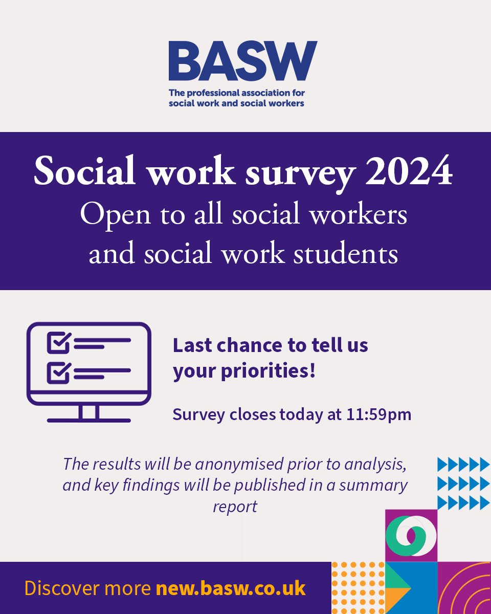 BASW_UK's tweet photo. Today is your last chance to tell us your priorities following the deadline extension for the Social Work Survey 2024 

Find the survey link in the comment section

#UKSocialWork https://t.co/1uMNocJzlP