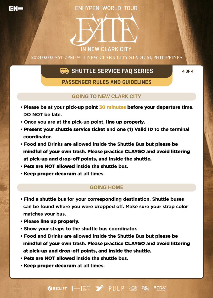The Shuttle Service is ready to roll for ENHYPEN WORLD TOUR 'FATE' IN NEW CLARK CITY on February 3, 2024, at New Clark City Stadium! 🚌 Buckle up and check out these FAQs for a smooth ride! 🧡

Shuttle tickets will be available on January 17, 12NN via <a href="/pulptickets/">PULP Tickets</a>. 🎟

#ENHYPEN