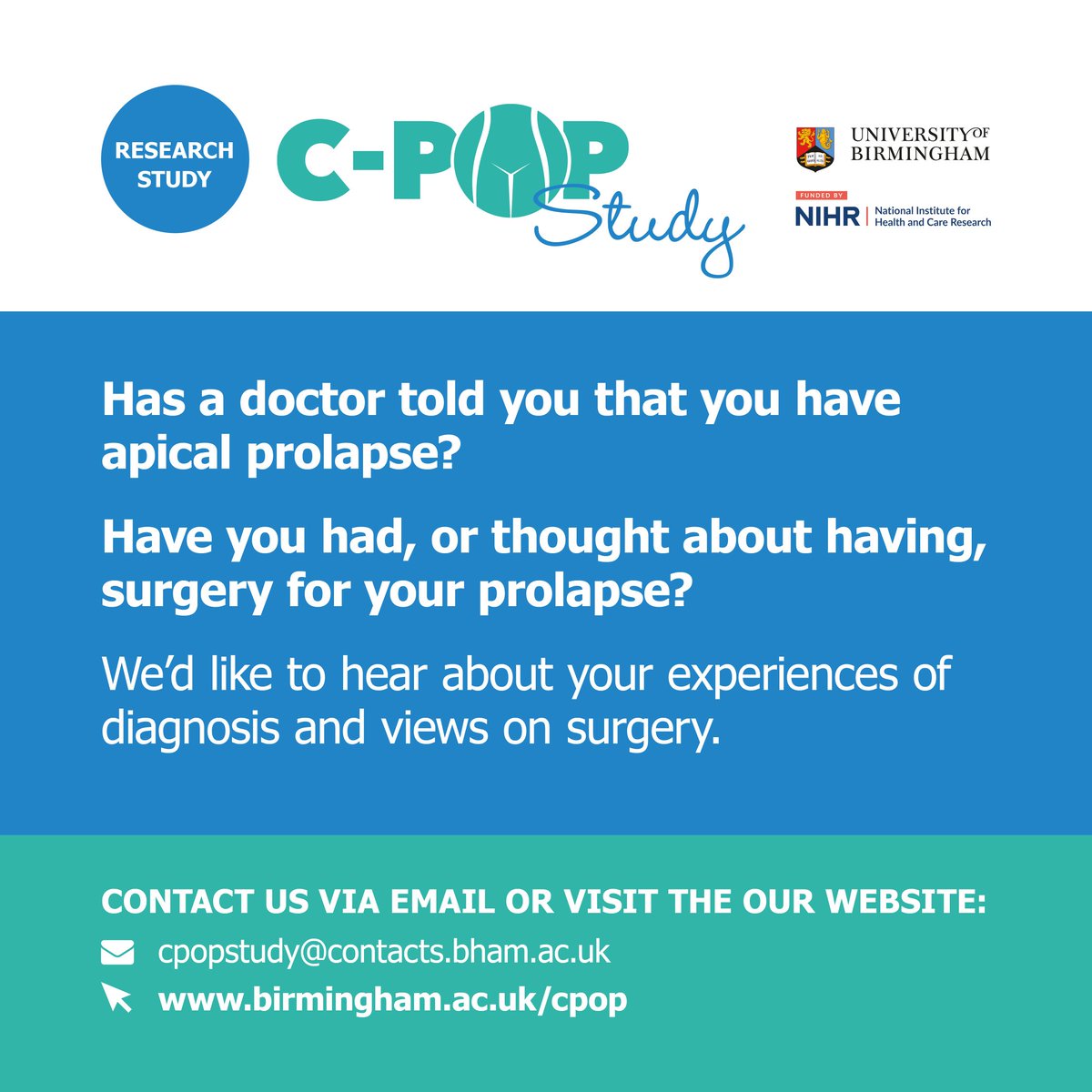 Please share among your networks... Friends, colleagues, relatives! Come and talk to us about your #PelvicOrganProlapse - did you decide to have surgery? We want to know what you thought and how you made your decisions...
<a href="/ACP_Continence/">Association for Continence Professionals (ACP)</a> <a href="/ThePOGP/">POGP</a> <a href="/liveUTIfree/">Live UTI Free</a> <a href="/BladderHealthUK/">Bladder Health UK</a>