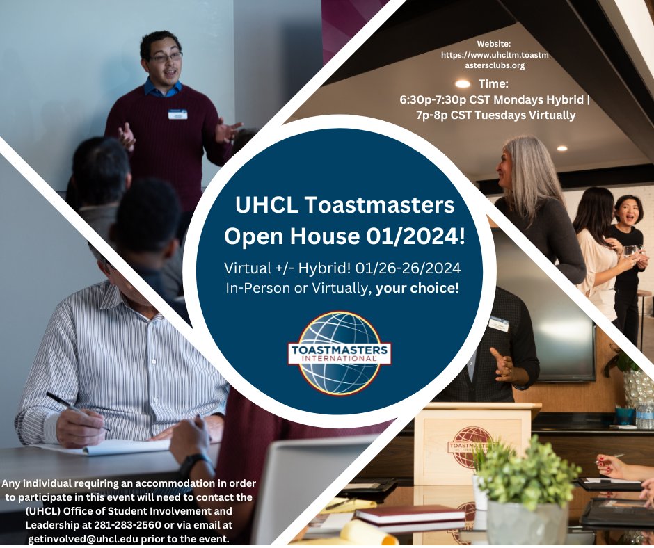 UHCLTM's tweet photo. Achieving More in 2024! We hope to see you at any of our upcoming Club Meetings held twice weekly on Mondays 6:30-7:30p CST and Tuesdays 7p-8p CST. Happy New Year! #fun #TMD56CluboftheMonth #publicspeaking #toastmasters https://t.co/FmdaVUbiXs