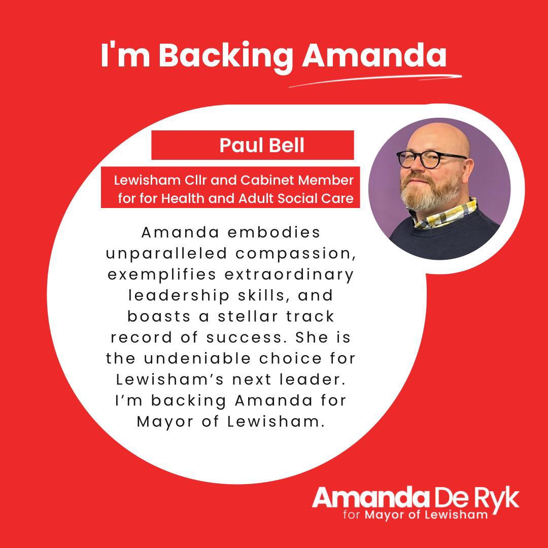 Thank you so much to @PaulBell1971 for his support. Paul is a vital member of Lewisham’s Cabinet and a valued member of our community. His support in me to be the next Mayor of Lewisham means so much 🌹