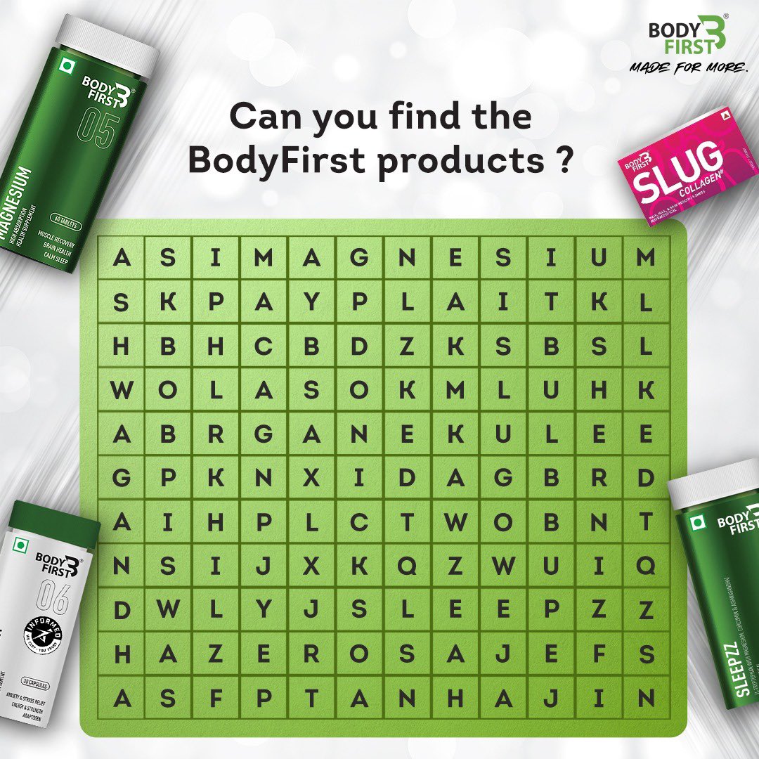 BodyFirstWellne's tweet photo. 🔍🌿 Engage in the ultimate search for our wellness wonders – from energizing supplements to rejuvenating essentials. 

Uncover the magic, screenshot, and share your findings with us. 💪✨
.
.
.
#BodyFirst #MadeForMore #BodyFirstChallenge #WordSearch #WellnessJourney #Health #Fit https://t.co/LYw8lu7uXx
