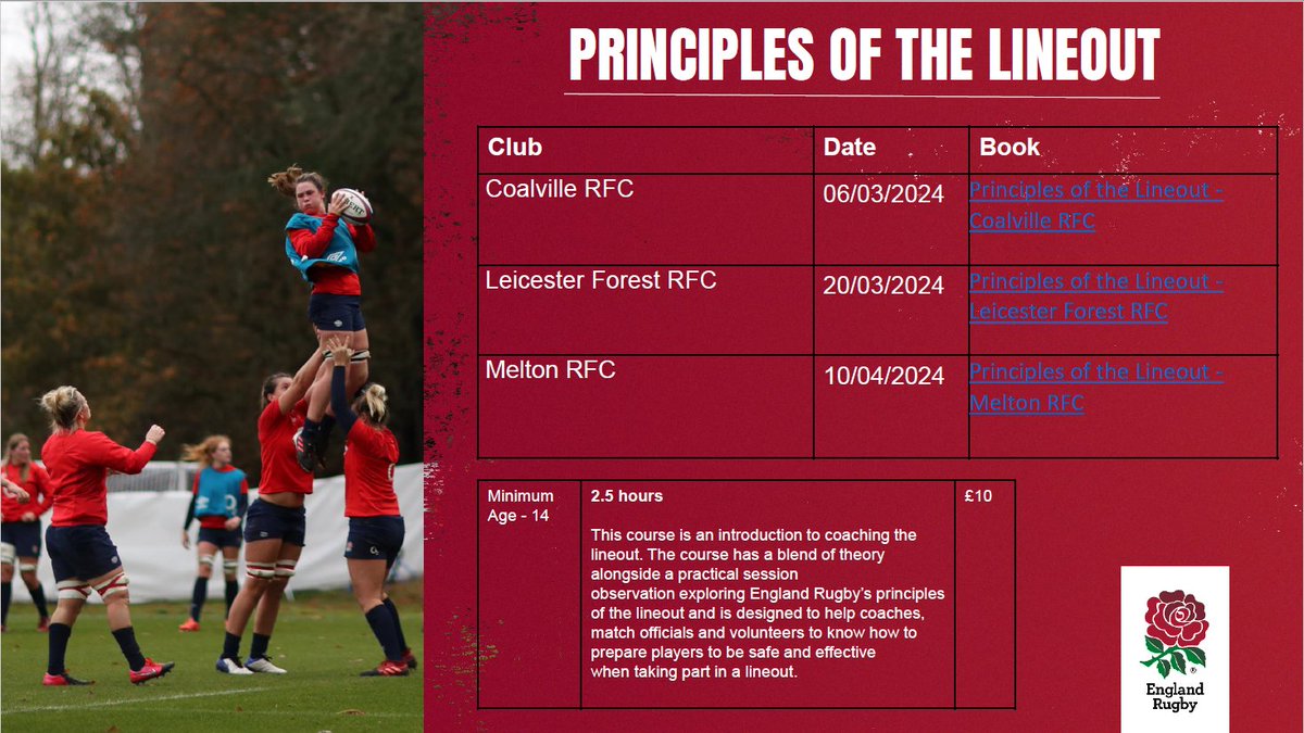 RFUMidsClubSup's tweet photo. 3 great courses in @FOR_LRU on #PrinciplesOfLineout coming up in March and April. @CoalvilleRugby @LFRFC  @MeltonRugby 

All bookable now via our course finder -
🔗https://t.co/yGThtbN6e5 https://t.co/taa56O0ZjI