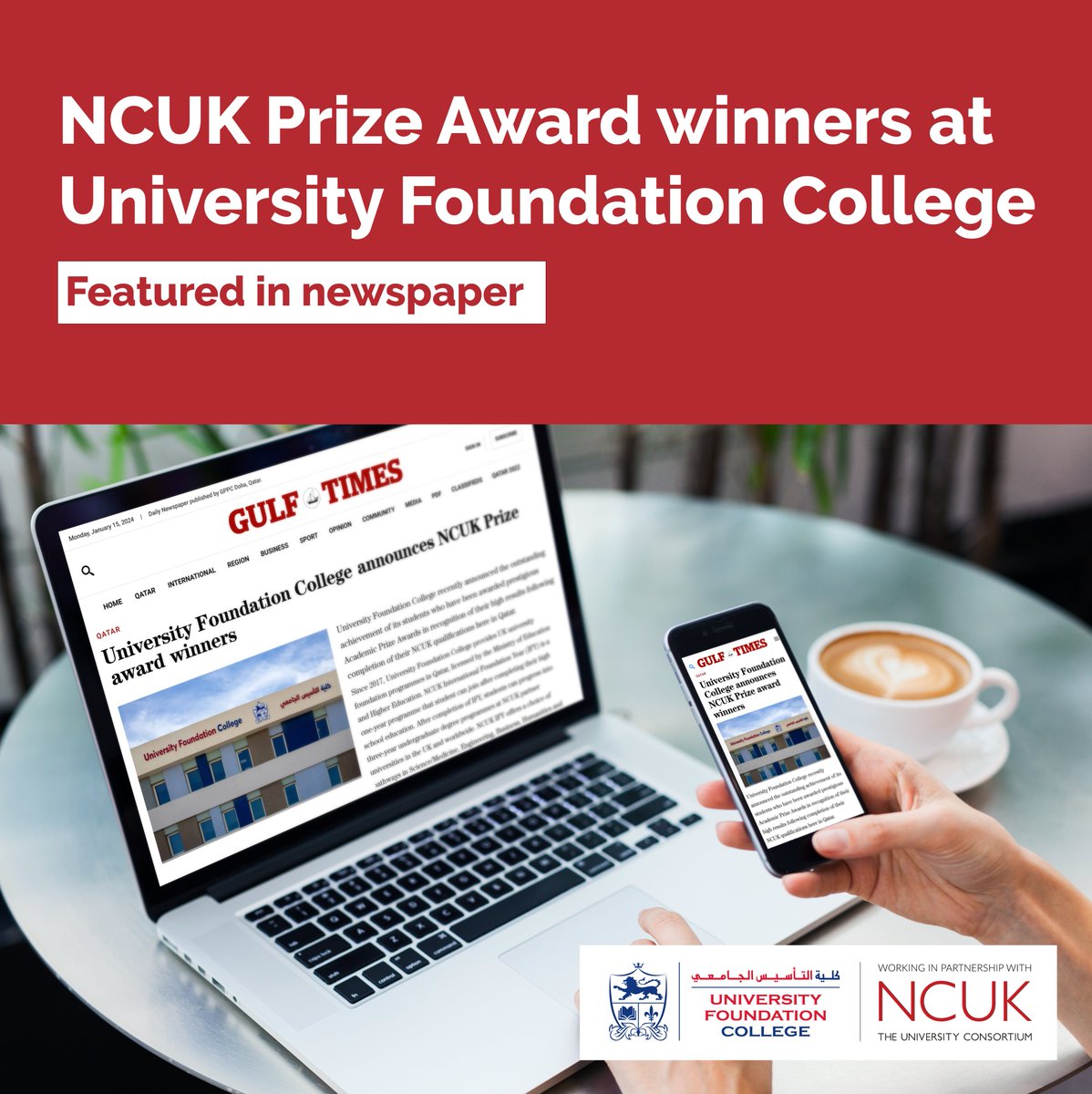 NCUK Prize Award winners at University Foundation College are featured in the Gulf Times newspaper!

Check out the news article here:
gulf-times.com/article/675533…

@NCUKTogether
@GulfTimes_QATAR

#UKEducation #UKDegree #FoundationCourse #UniversityFoundationCollege #Qatar #Doha