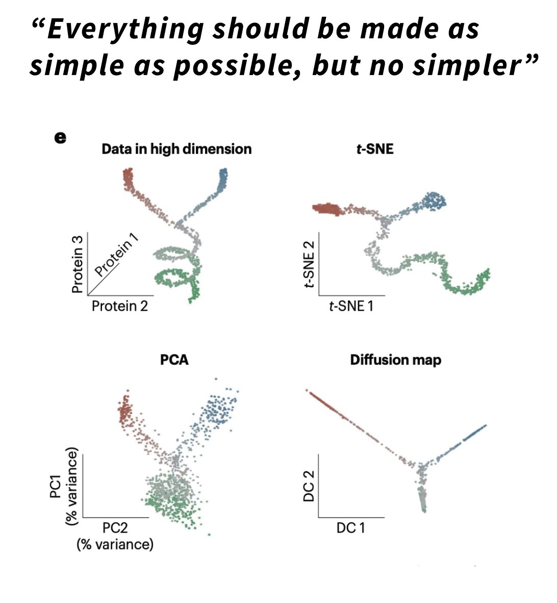 Sometimes, no simple way of describing the complexity of the data exists, at least not one that humans can readily interpret. Then, faithfully representing the data is at odds with finding simple explanations. Fig. 2e from nature.com/articles/s4159…