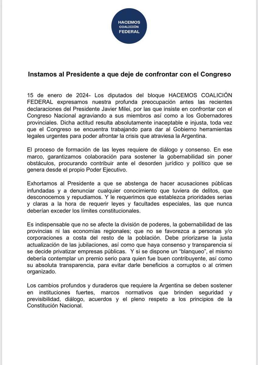COMUNICADO 👇🏻 Instamos al Presidente Milei a que deje de confrontar con el Congreso