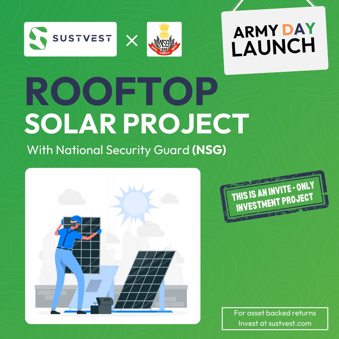 Army Day done right 🪖
Bringing to you, a Rooftop Solar Project with National Security Guard (NSG), an invite-only investment project!
.
.
.
#sustvest #renewableenergy #investment #cleanenergy #sustainable #projects #solar #assetbacked #solarpanels #finance #returns  #solarinvest