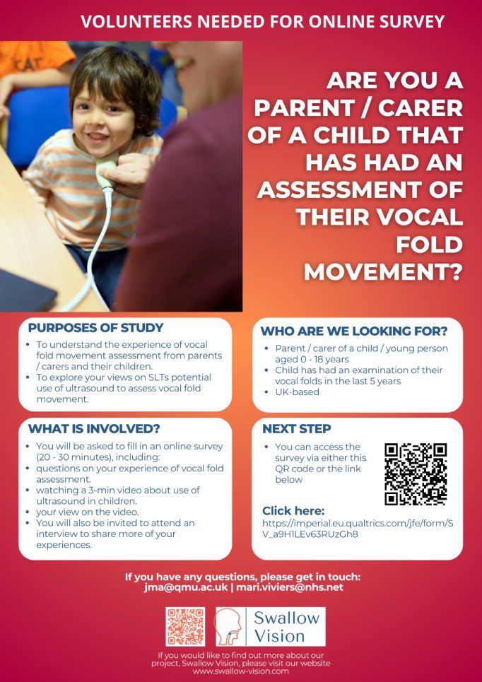 Parent/carers here is an opportunity to participate in a survey &amp; interview, if interested to help us learn more about your experiences of your child’s vocal fold assessment ⬇️ link here: imperial.eu.qualtrics.com/jfe/form/SV_a9… <a href="/LondonPDCEN/">London Paediatric Dysphagia CEN</a>  <a href="/ESPO_PedENT/">ESPO (Pediatric ENT)</a> <a href="/EI_Smart/">Ei SMART</a> <a href="/SLTLoulou/">Louise (she/her) 🏳️‍🌈</a> <a href="/DrJoanMa1/">Joan Ma</a>