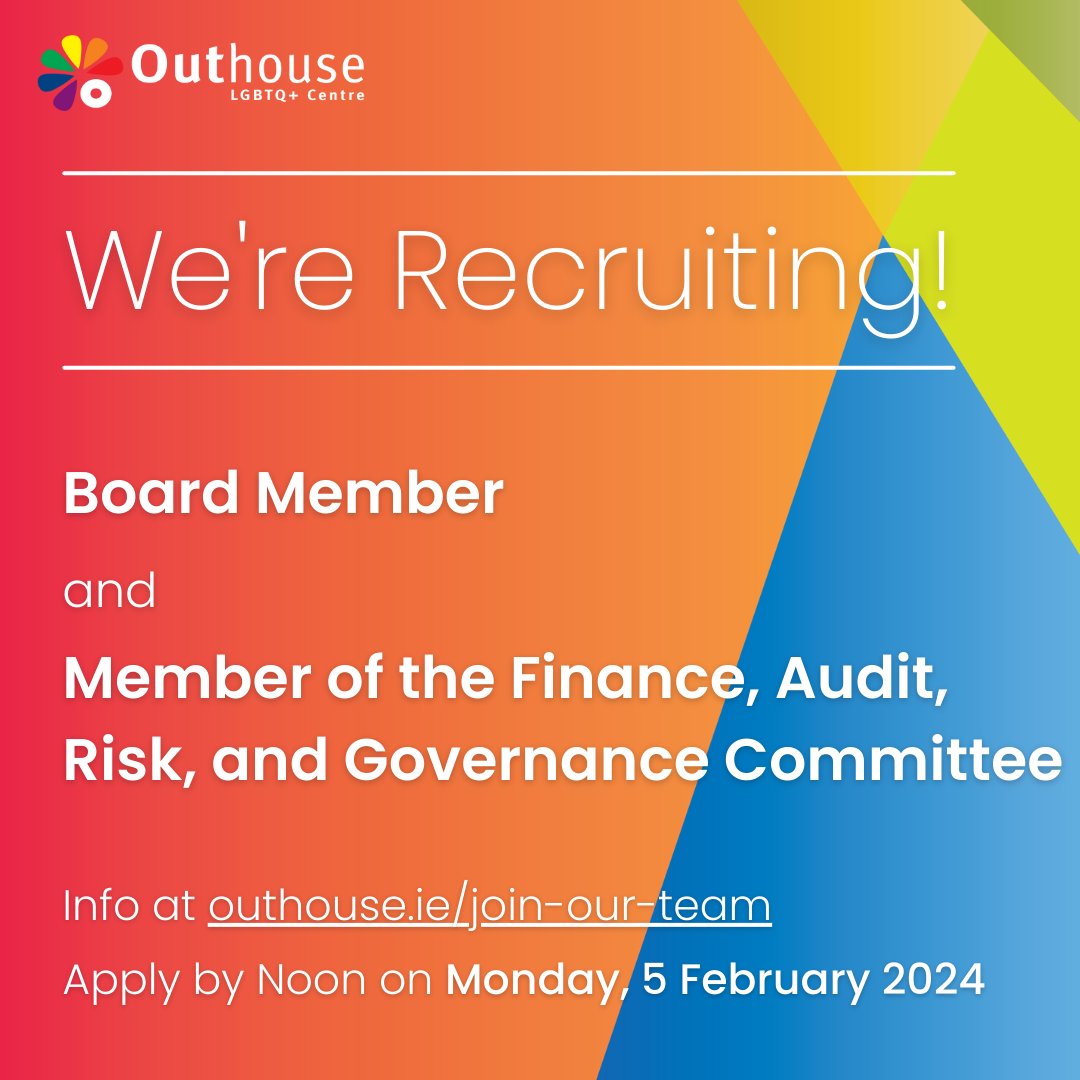 🌈Could you be the next member of the Outhouse team?

Two exciting opportunities to join the Outhouse team.

We're recruiting for a new Board Member & a new member of our Finance, Audit, Risk, & Governance Committee.

For more info, go to: 
outhouse.ie/join-our-team

#irishjobfairy