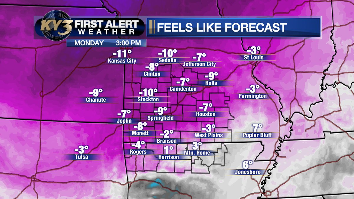 kytv's tweet photo. FIRST ALERT WEATHER: Even with some sun thrown in today, it's going to stay cold.  At the warmest part of the day (mostly single digits), the wind chill will still be below zero! And it tanks again tonight to as cold as -20°! https://t.co/0IZPWZTakQ