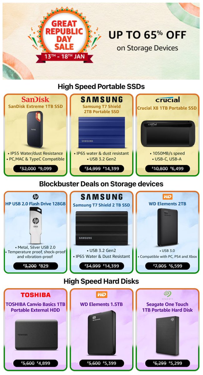 🇮🇳Great Republic Day Sale 

Sale Live Now
Storage Devices
⚡️Up to Rs 65% Off
Shop Now :- 
https//amzn.to/3tQ6vxr

#deal #dealoftheday #offer #offers