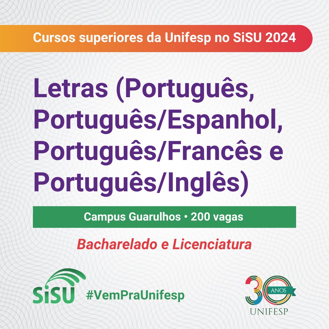 unifesp's tweet photo. 📖 Com habilitação em português, inglês, espanhol e francês, a graduação em Letras da #Unifesp está com 200 vagas disponíveis, e ainda dá para escolher se deseja bacharelado ou licenciatura por meio da Área Básica de Ingresso (ABI): https://t.co/P3jmnyFqPf. #sisu #VemPraUnifesp https://t.co/BaurUPIpoA