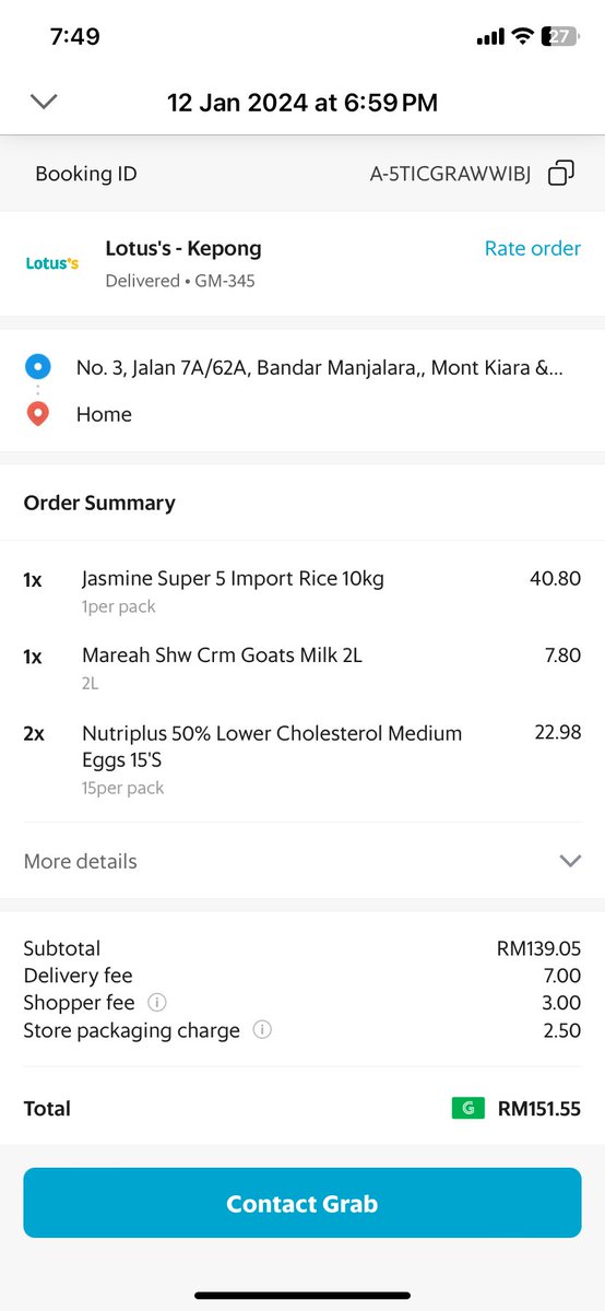 boweyard's tweet photo. @GrabMY kata polisi lepas 12 jam tak boleh refund. Barang salah hantar order beras 10kg tapi yg sampai beras 5kg. So @LotussMalaysia salah packing ni nak buat macam mana? Mahal woo beli beras 5kg rm40. https://t.co/3BdFv2vHra