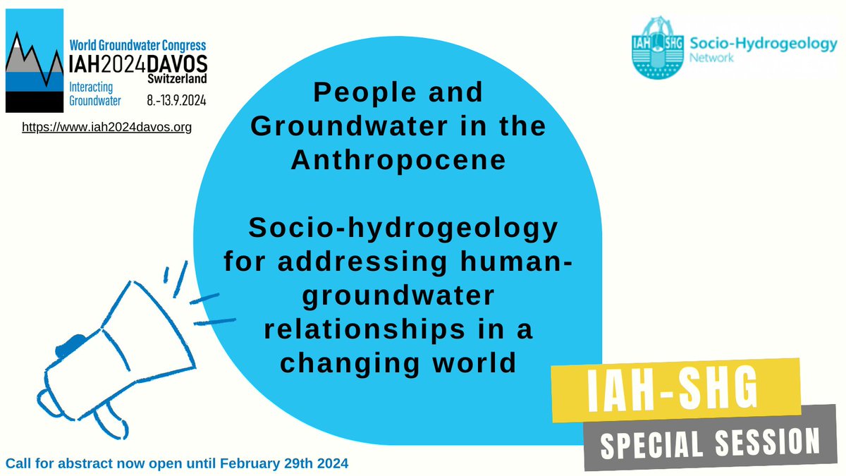 People &amp; Groundwater in the Anthropocene: #Sociohydrogeology for addressing human-groundwater relationships in a changing world🌱. Submit your abstract for <a href="/iahgroundwater/">IAHgroundwater</a> 2024 conference in #Davos &amp; join us for our interdisciplinary special session: iah2024davos.org/parallel-2/