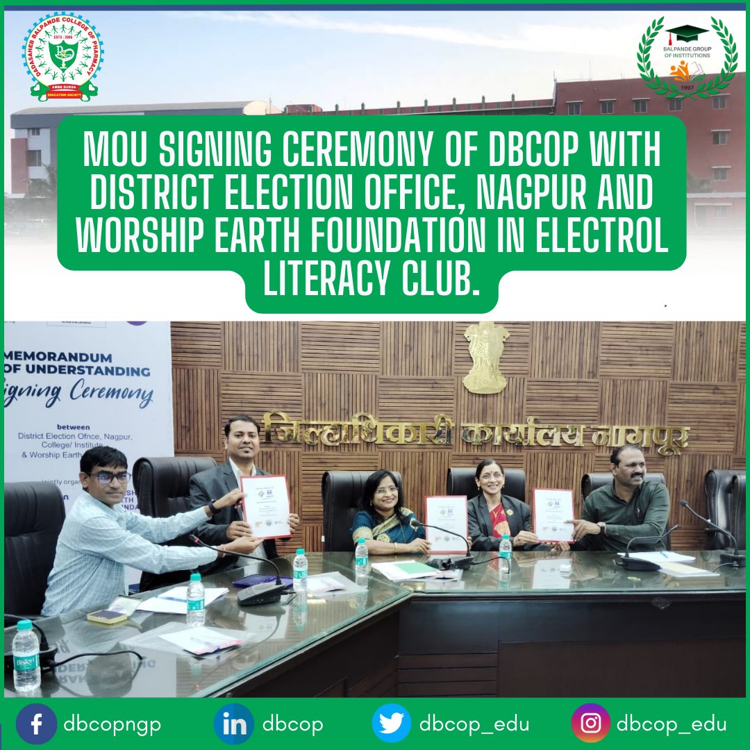 dbcop_edu's tweet photo. MOU signing ceremony of DBCOP with District Election Office, Nagpur and Worship Earth Foundation in Electrol Literacy Club.
#dbcop #worshipearth https://t.co/1iU9K0L6f5