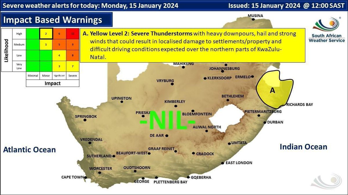 kzngov's tweet photo. 🌦️⚠️🌧️Weather warning for today, A: Yellow level 2 warning for severe thunderstorms: Heavy rain- flooding Possible hail &amp; strong winds.  Area: northern areas of KwaZulu-Natal.  #BeDisasterWise https://t.co/NzufdR7MOC