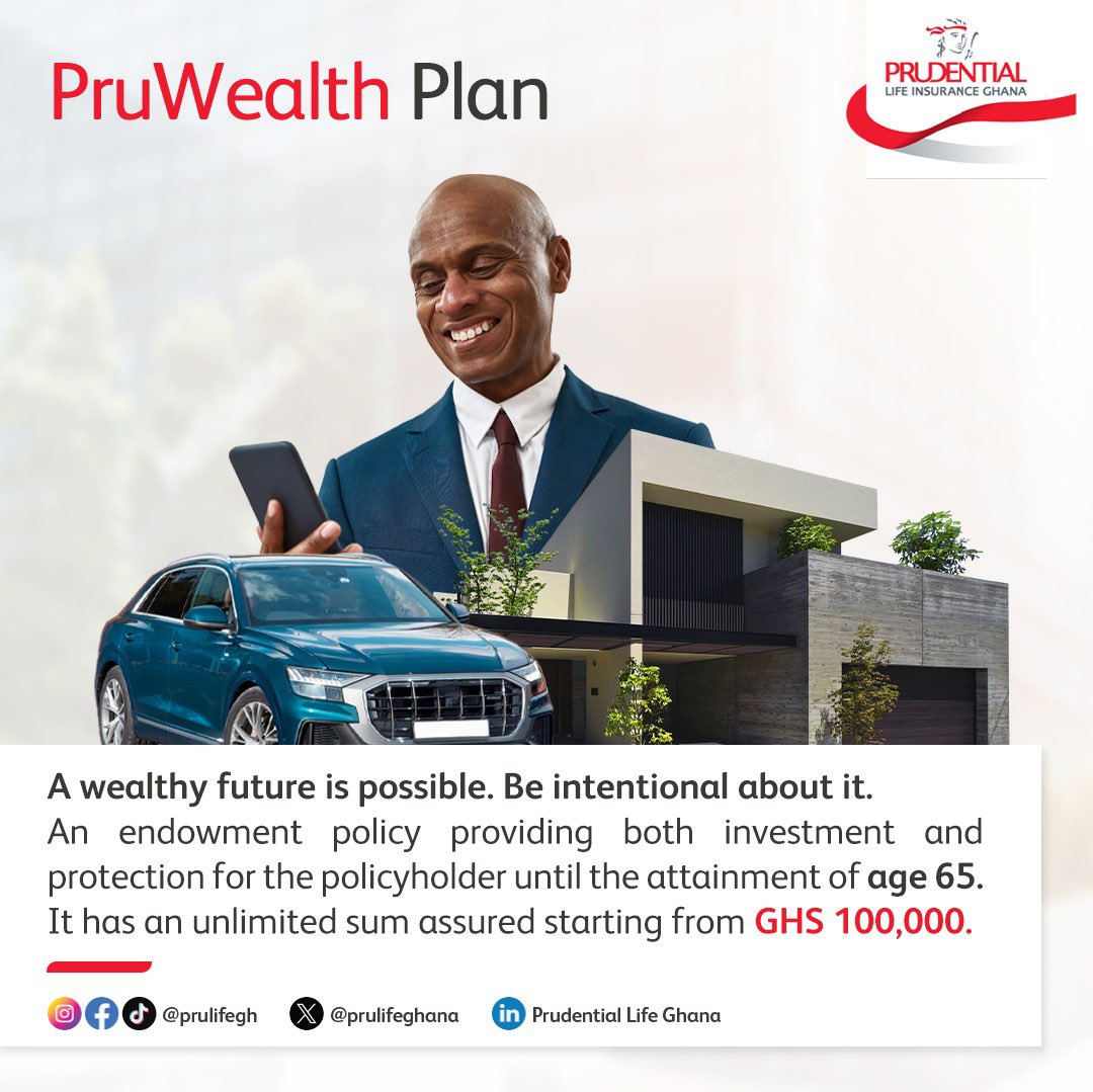 PruLifeGhana's tweet photo. A WEALTHY future awaits, start preparing for it.
Sign unto the PruWealth Plan by calling us on 0302 208 877 or clicking the link below.
CLICK HERE: https://t.co/mJ8LXvk3XC
#PruWealth
#WeDoExcellence
#Insurance
#EveryLife
#EveryFuture https://t.co/Y4CulEGhkv